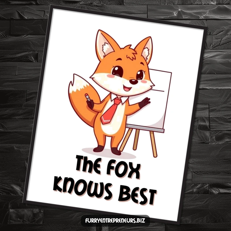 Funny fox digital art print, in a tie, enthusiastically pointing at a whiteboard with a key concept.