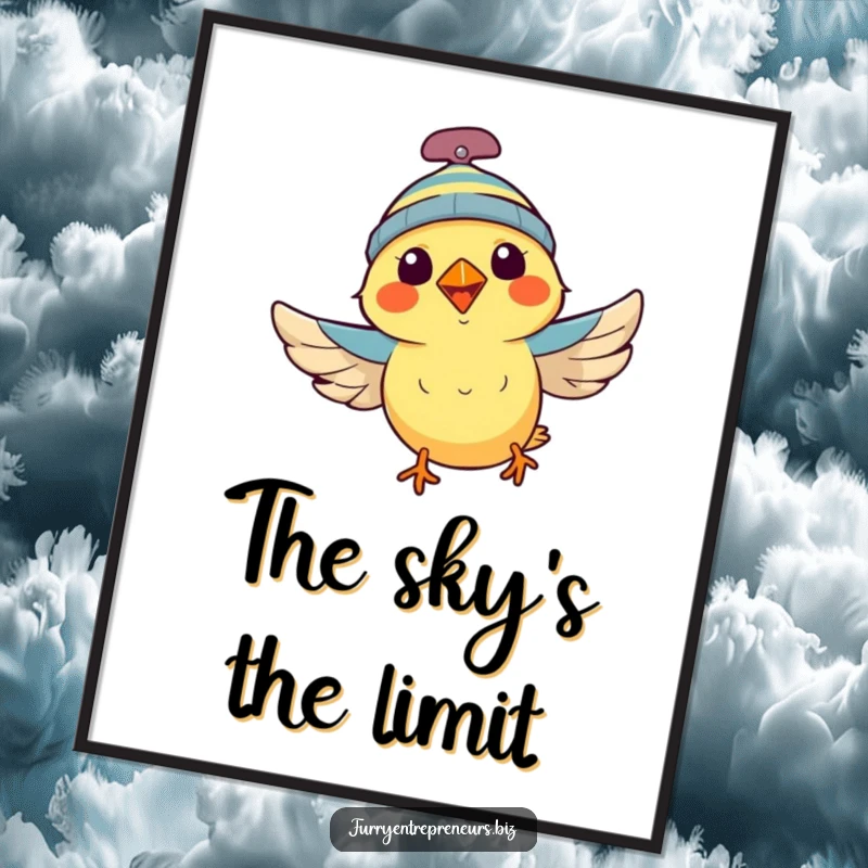 Funny bird wearing a propeller beanie, flying high, as a digital art print, bringing whimsical decor, a funny gift.