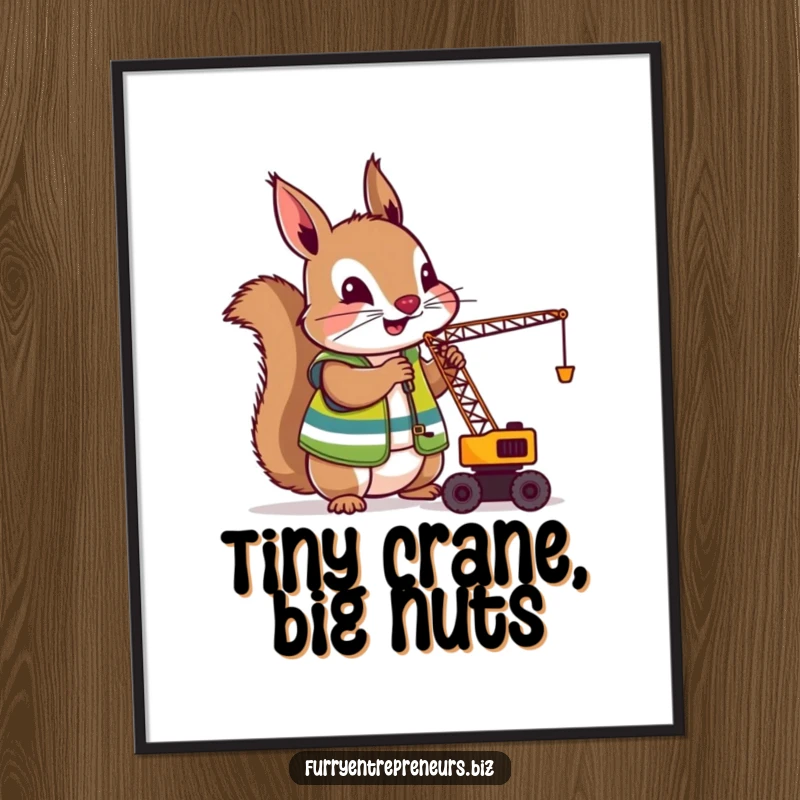 Funny Squirrel Crane Operator Digital Art Print: A whimsical illustration of a squirrel operating a tiny crane, ideal for bringing funny construction vibes to digital displays.