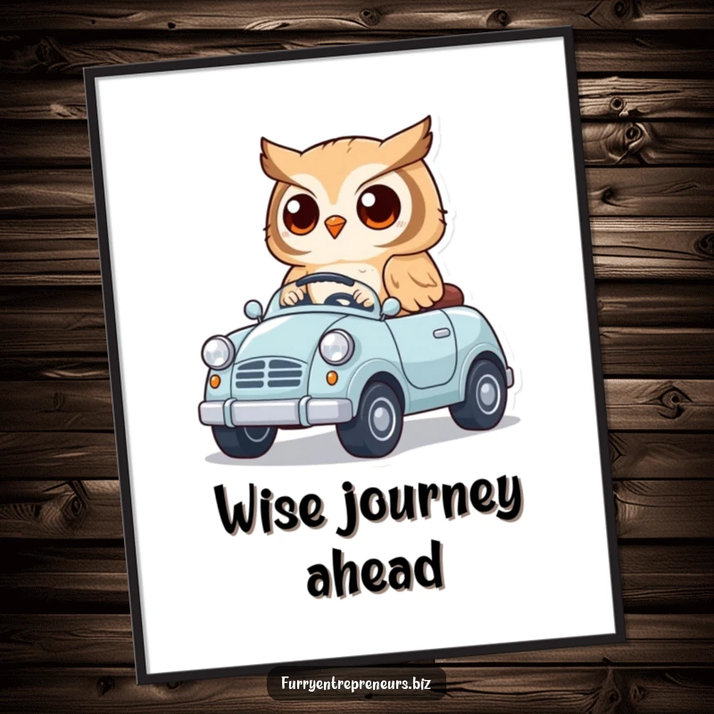 Funny digital art print of a cute owl driving a tiny toy car, ideal for instantly adding whimsical charm and animal-themed humor.