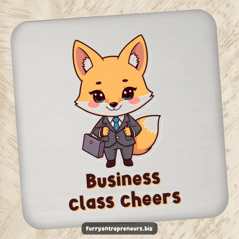 Funny business fox character in a suit and briefcase on coasters, protecting surfaces with professional flair and humor.