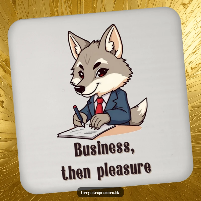 Funny wolf in a miniature business suit, signing important papers, depicted on a protective drink coaster for tables.