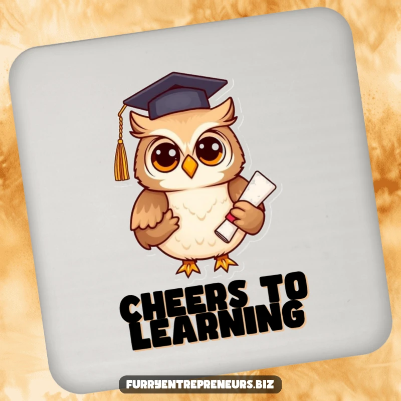 Funny owl wearing a graduation cap and diploma, on a drink coaster, adding wisdom and humor, a thoughtful funny gift.