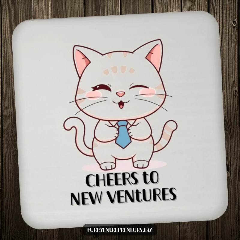 Funny cat wearing a tie, winking and shaking hands, on a drink coaster, adding business humor, a thoughtful funny gift.