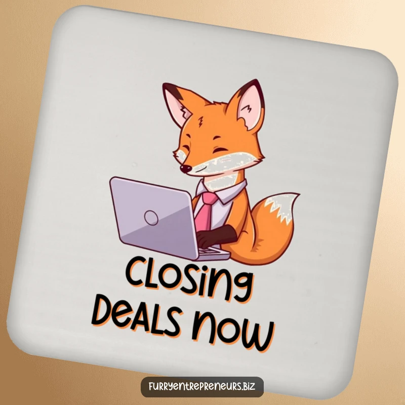 Funny drink coasters with a fox in a tie typing on a laptop, protecting furniture with style.