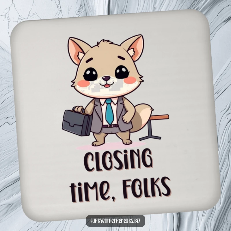 Funny animal business meeting drink coaster, a smiling creature with a briefcase leads a tiny conference, protecting surfaces with a humorous office vibe.