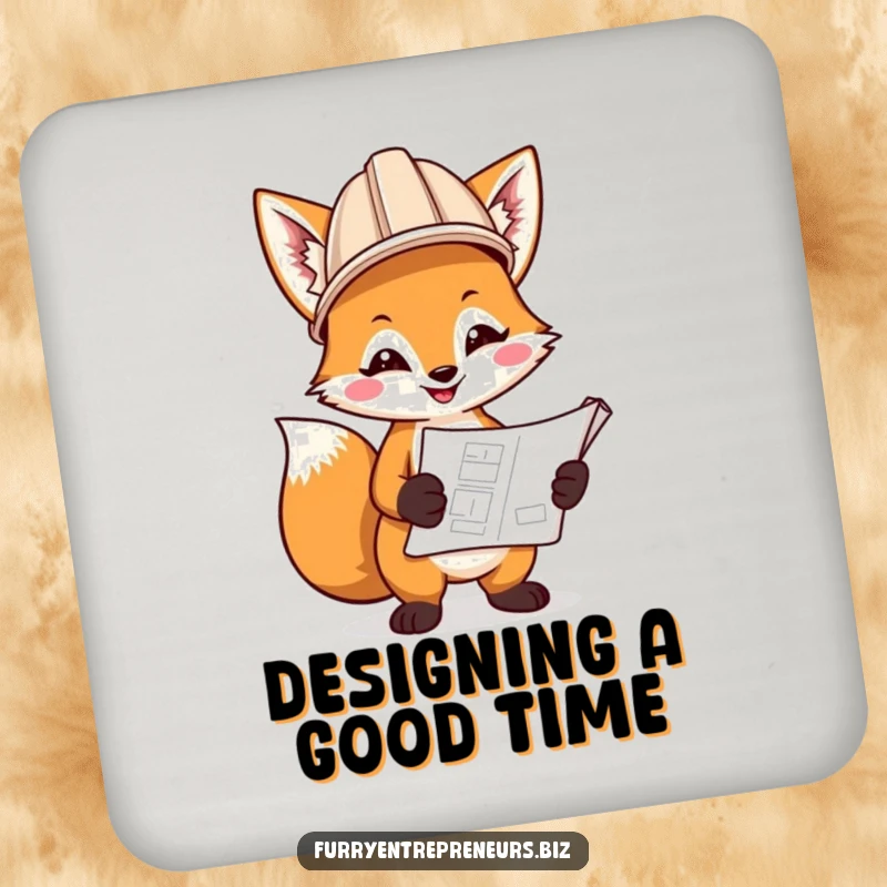 Funny drink coaster featuring a smiling fox in a hard hat, holding a blueprint, protecting surfaces with engineering charm.