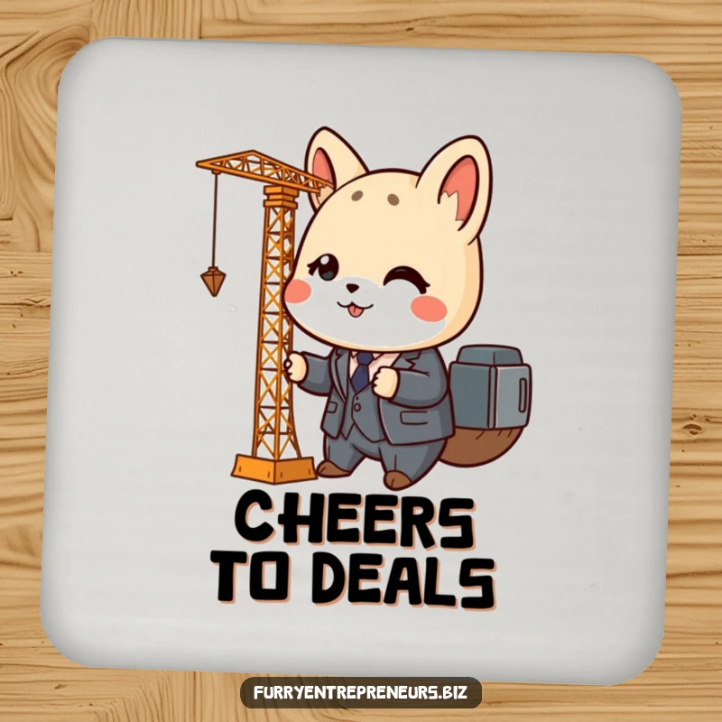 Funny animal business coaster featuring a cute character in a tiny suit operating a miniature crane, protecting surfaces with charm.