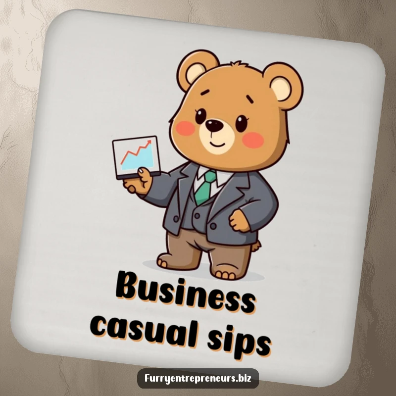 Funny bear drink coaster, in a tiny business suit, presenting a graph of beverage intake.