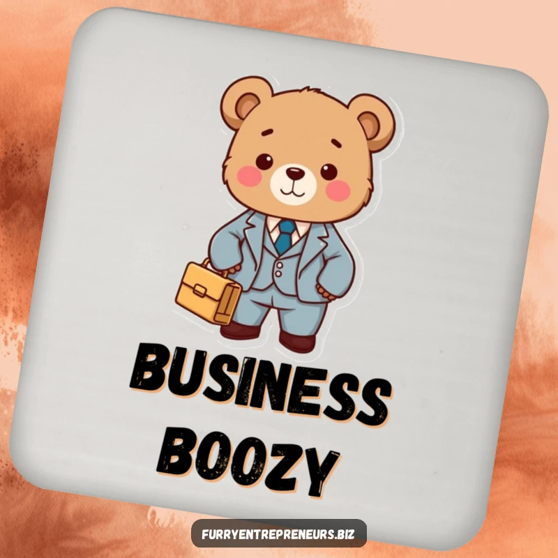 A cute bear in a tiny suit holding a briefcase humorously protecting surfaces on a durable drink coaster.