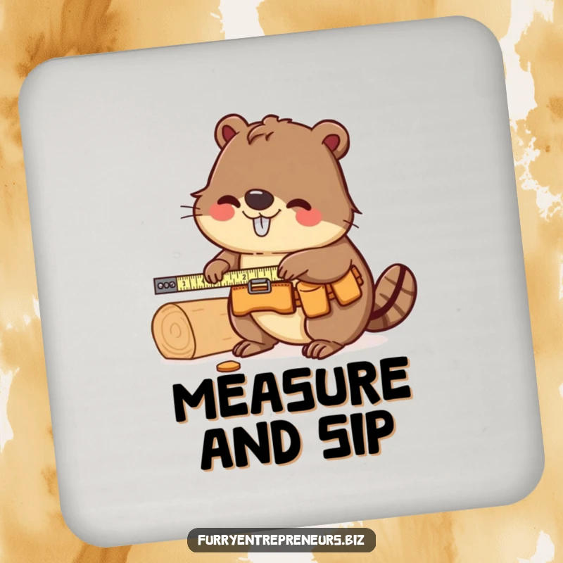 Funny Beaver Carpenter Drink Coaster: A beaver in a tool belt measures wood, perfect for protecting surfaces with a funny, industrious design.