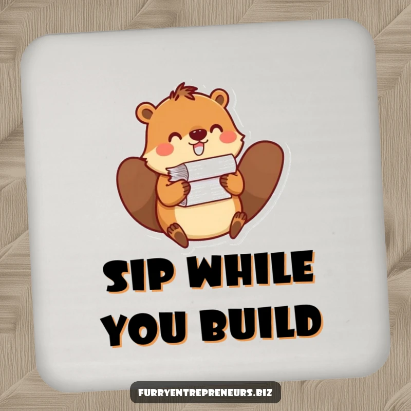 Funny coaster featuring a beaver balancing a stack of papers, adding office humor and protecting surfaces.