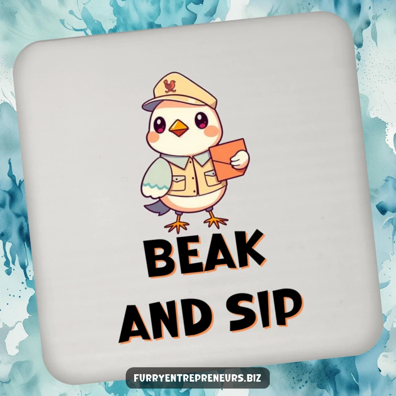 Funny Bird Mail Carrier Drink Coaster: A cute bird in a postal uniform holding a mailbag, protecting surfaces with a funny and functional design.