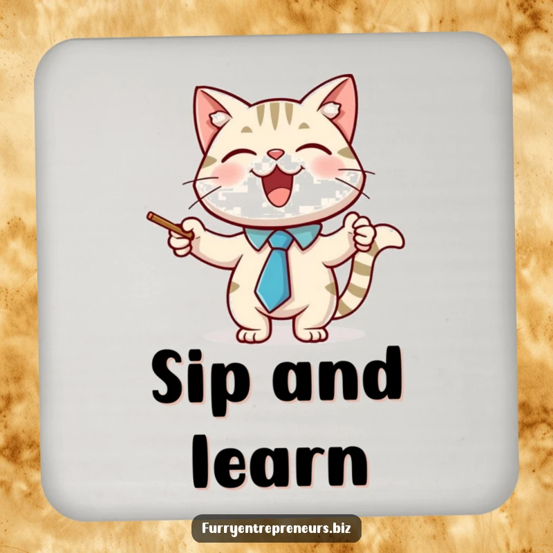 Funny drink coaster showcasing a joyful cat character wearing a necktie and using a pointer stick, adding academic flair.
