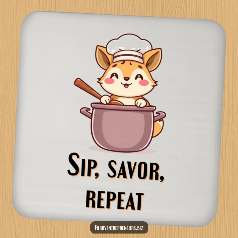 Funny chef animal coaster showing a happy character in a chef hat, stirring a delicious concoction.