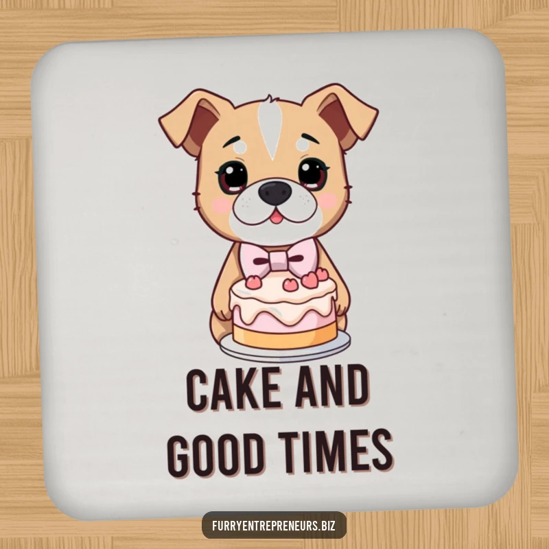 Funny drink coasters featuring a determined dog in a bowtie, proudly presenting a lopsided cake, protecting your furniture.