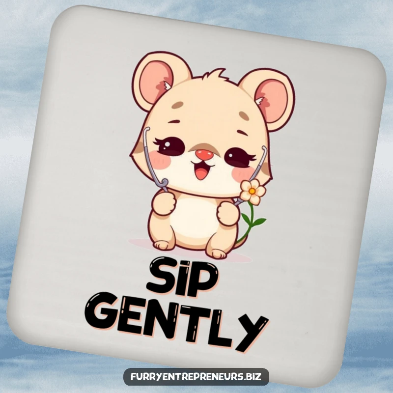 Funny drink coaster with a delighted animal character using a stethoscope to listen to a flower, adding gentle humor.
