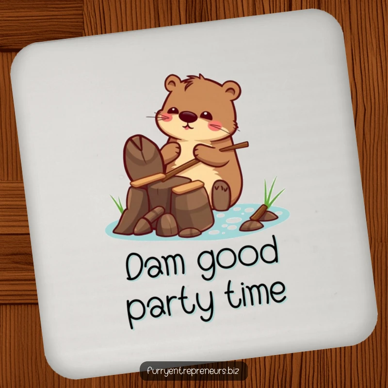 Funny drink coaster with a beaver character building a tiny dam with tiny sticks, protecting surfaces with a humorous, industrious design.