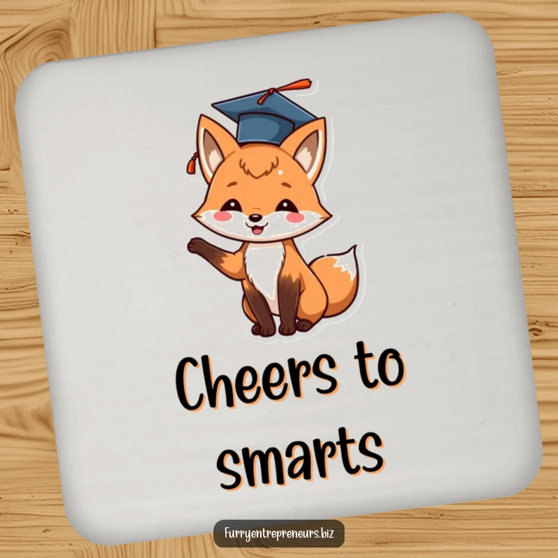 Funny fox graduation coaster with a cheerful animal tossing its cap, protecting surfaces with humor.