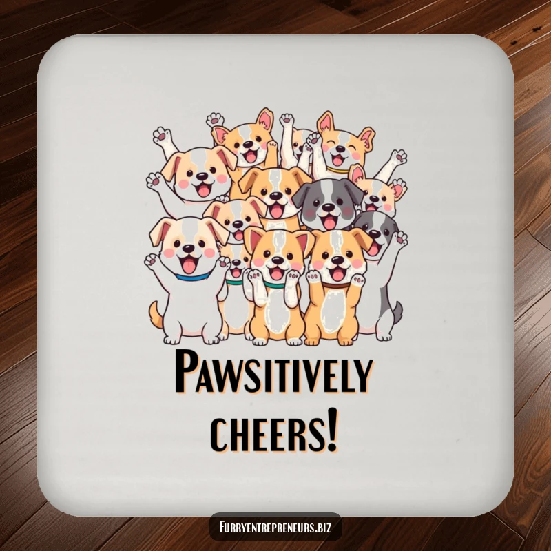 Funny drink coasters featuring a group of various kawaii dogs cheering with paws in the air, protecting your furniture.
