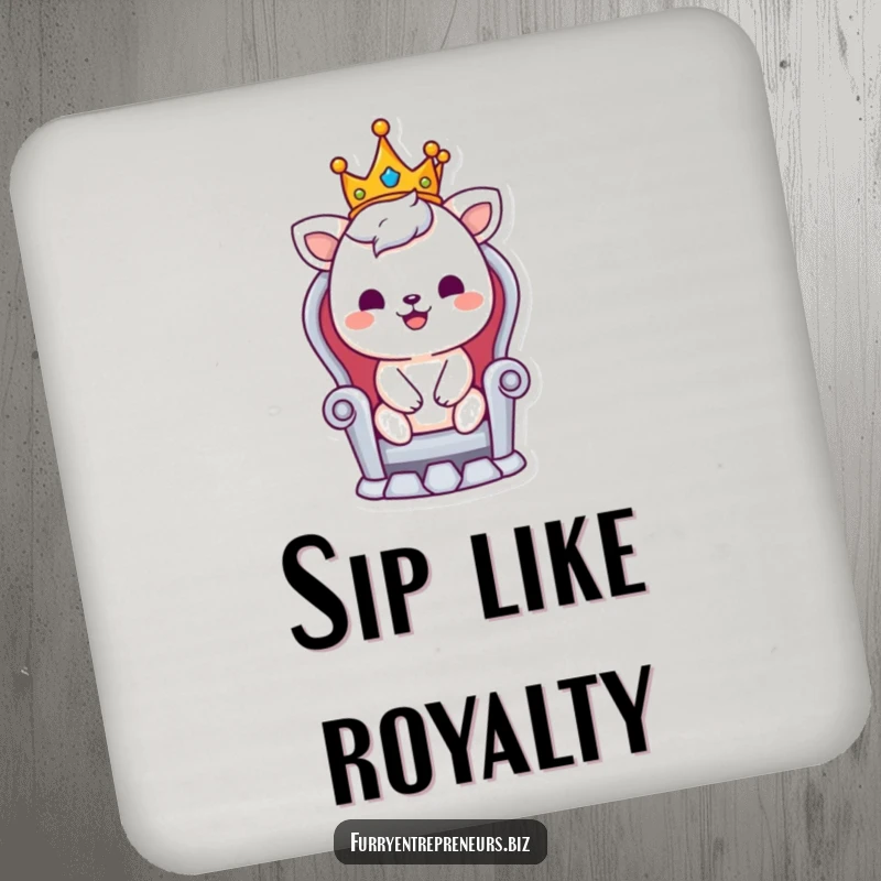 Funny drink coaster with a smiling animal character, crown, and tiny throne, adding regal humor to tabletops.
