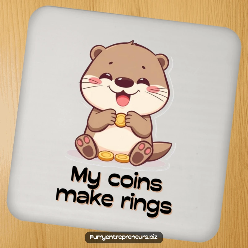 Funny otter counting coins with a happy expression on drink coasters, perfect for protecting furniture with humor and funny gifts.