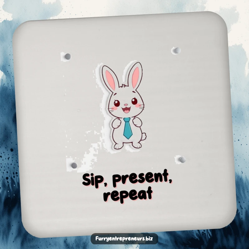 Funny drink coaster featuring a happy rabbit wearing a tiny tie, presenting on a whiteboard, perfect for any surface.