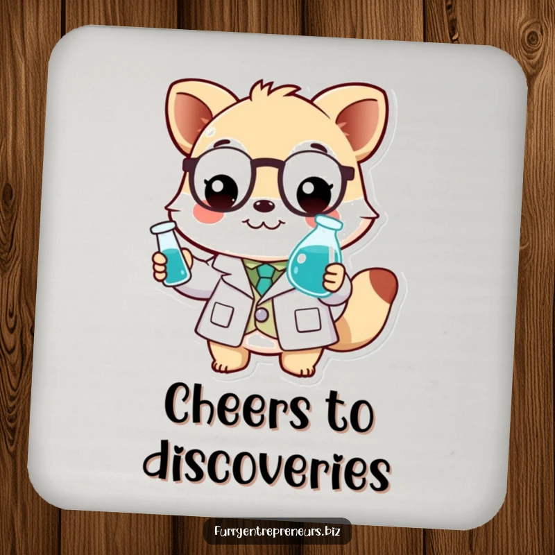 Funny scientist animal coaster showing a smiling character in a lab coat, holding a tiny beaker.