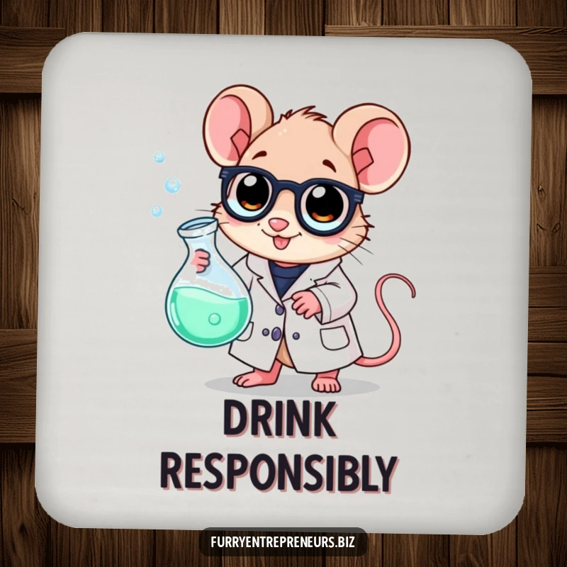 Funny scientist mouse drink coaster, wearing a lab coat and holding a bubbling beaker, perfect for adding a touch of science.