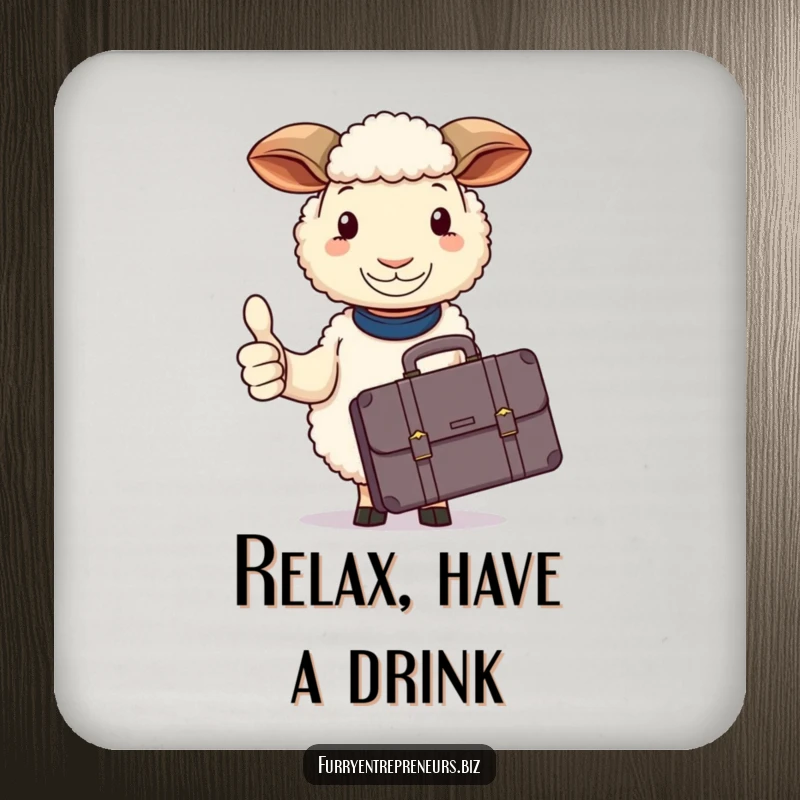 Funny sheep drink coaster, holding a briefcase, calmly giving a thumbs up for drinks.