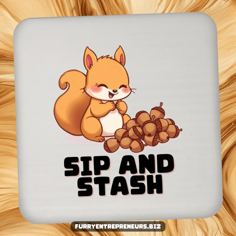 Funny squirrel character gleefully counting acorns on coasters, protecting surfaces with hoarding charm and humor.