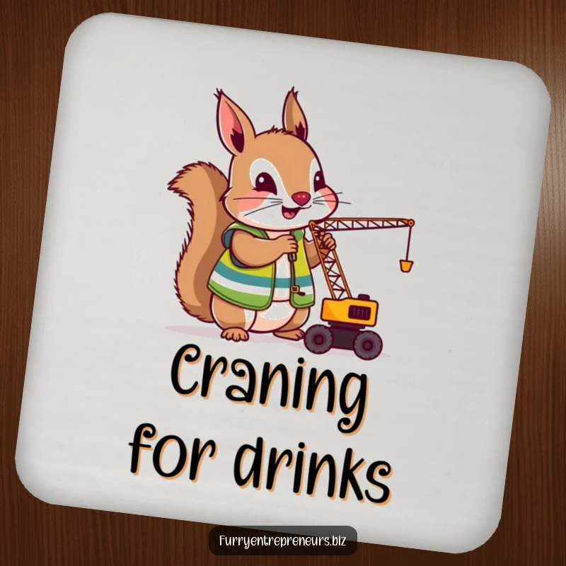 Funny Squirrel Crane Operator Drink Coaster: A squirrel in a construction vest operating a small crane, perfect for protecting surfaces with a funny, industrious design.