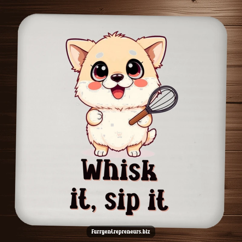 Funny drink coasters featuring a fluffy dog with wide, happy eyes, joyfully holding a whisk, protecting your furniture.