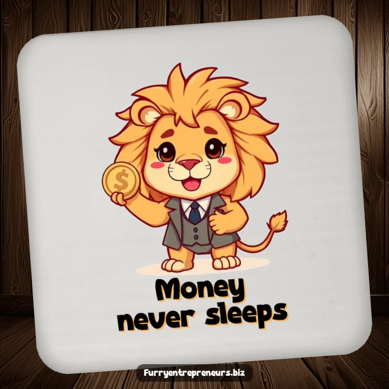 Funny lion in a small suit clutches a coin, looking brave and sophisticated on this protective and humorous drink coaster.