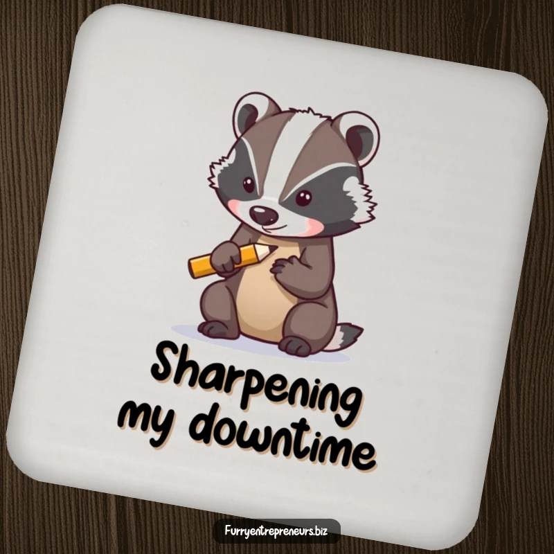Funny drink coaster with a determined badger character sharpening a tiny pencil, protecting surfaces with a humorous, focused design.