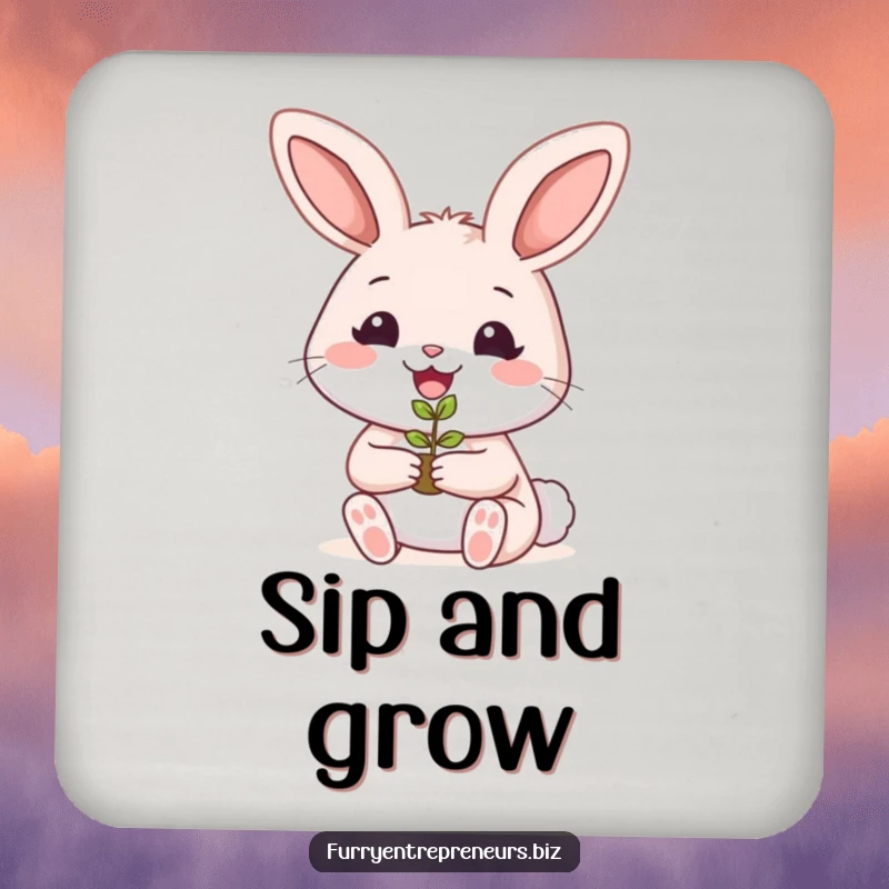 Funny rabbit gardener coaster with a smiling bunny holding a tiny plant seedling, protecting surfaces.