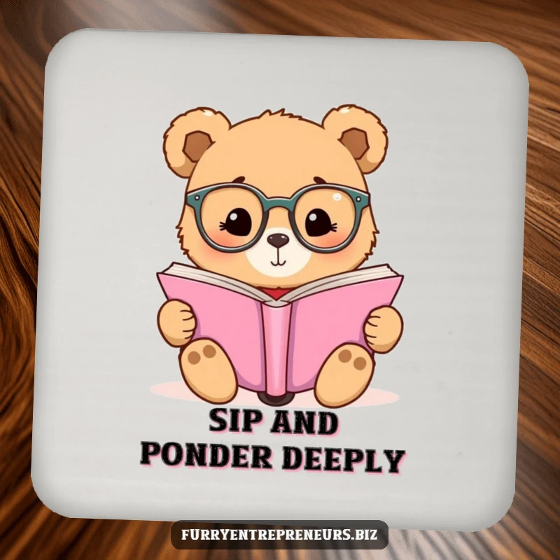 Funny drink coasters with a bear in small glasses reading a book, protecting furniture with style.