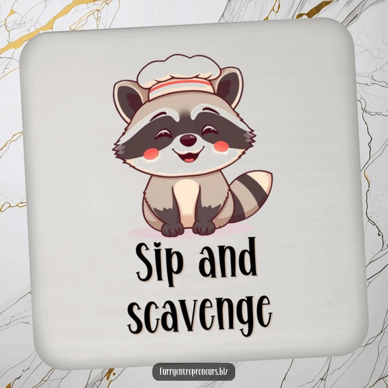 Funny drink coaster featuring a giggling raccoon wearing a chef hat, offering protection with a humorous and culinary flair for any beverage.