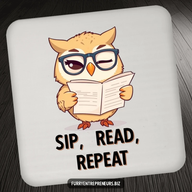 Funny drink coaster featuring a winking owl wearing glasses, reading a financial report, protecting surfaces with wisdom.