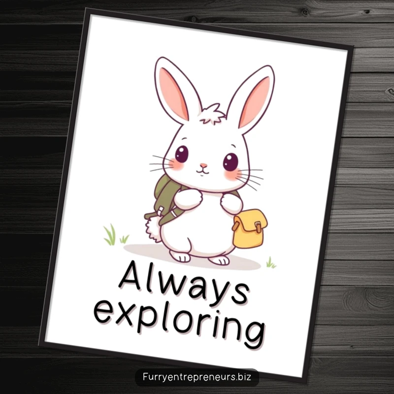 Funny rabbit explorer poster of a cute rabbit with a backpack, embarking on a whimsical journey.