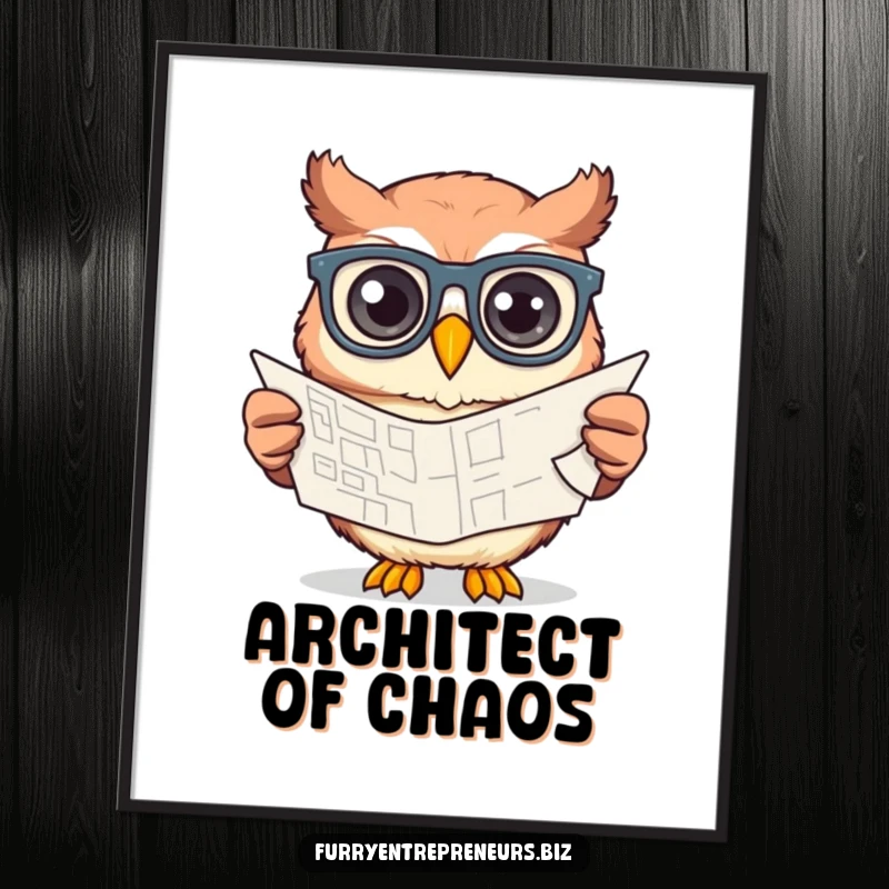 Funny owl wearing glasses, meticulously drawing a complex blueprint, presented as inspiring wall art for creative spaces.