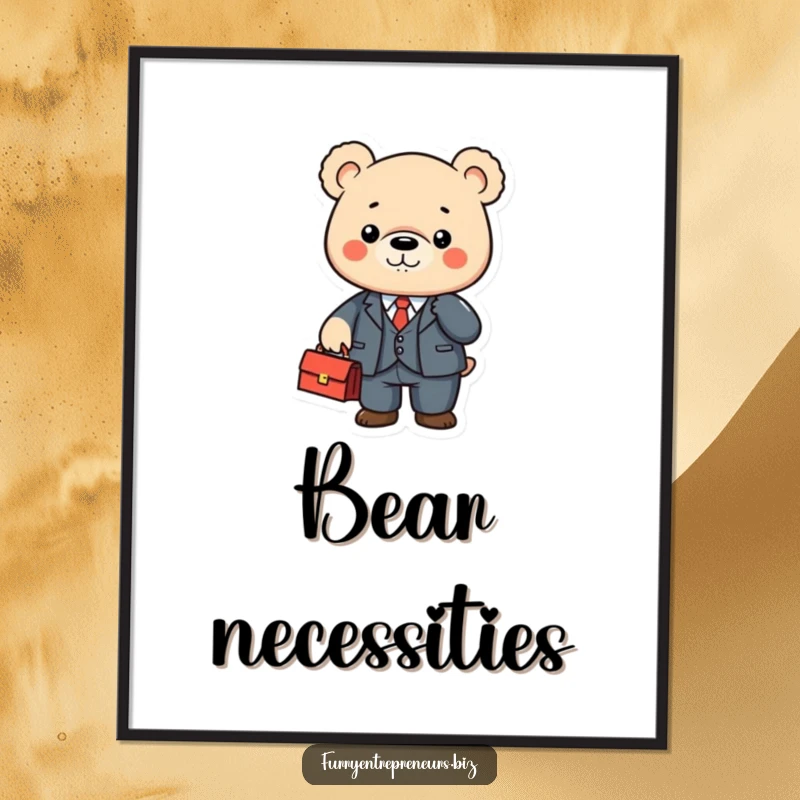 Cute bear character in a tiny suit shaking a briefcase on a poster, looking professional and funny.