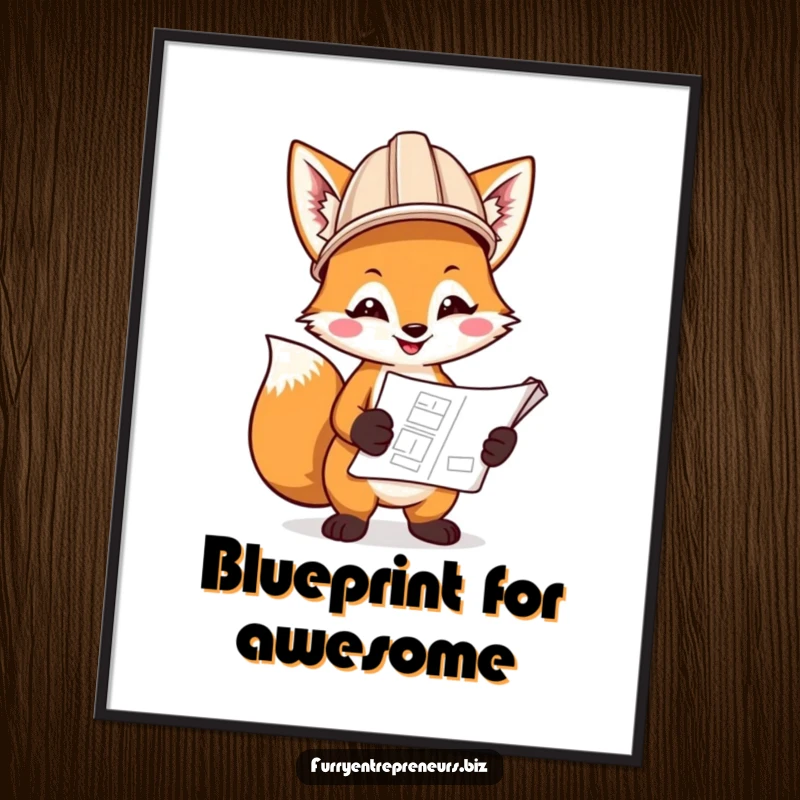 Funny poster art of a smiling fox in a hard hat, holding a construction blueprint, radiating industrious charm and humor.