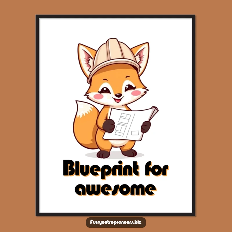 Funny Fox Blueprint Poster: Smiling Hard Hat Fox Art, Hilarious Wall Decor Funny Gift!
