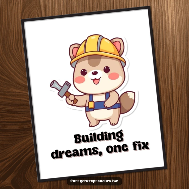 Funny Construction Animal Poster: A happy animal wearing a tiny construction helmet and holding a tool, ready to build joyfully, as a funny gift.