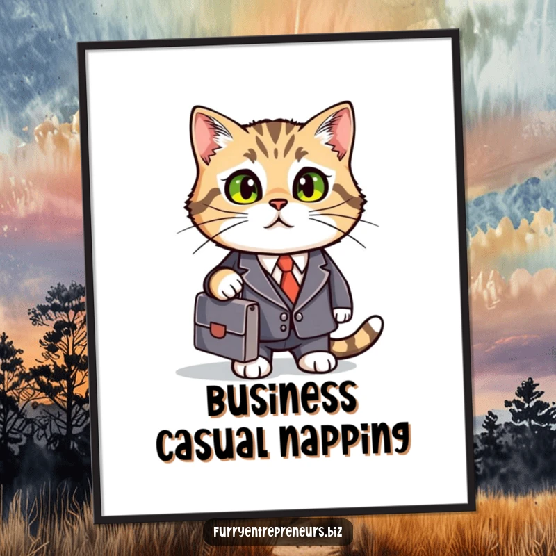 Funny cat in a business suit with a briefcase, displayed as professional and humorous wall art.