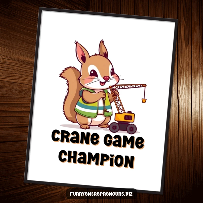 Funny Squirrel Crane Operator Poster: A humorous depiction of a squirrel in construction gear operating a miniature crane, ideal for adding a funny, industrial vibe.