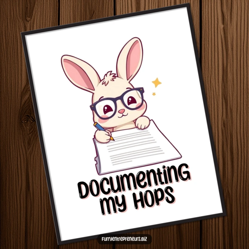 Funny rabbit poster, wearing glasses, signing a lengthy document with a look of concentration.