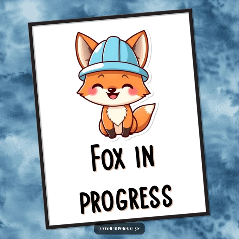 Funny poster art of a smiling fox wearing a hard hat, symbolizing cheerful construction and building projects with humor.