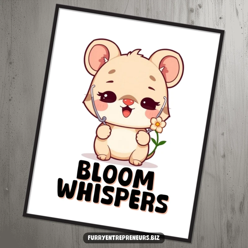 Funny poster art of a delighted animal character, using a stethoscope to listen to a flower, with a gentle and curious expression.